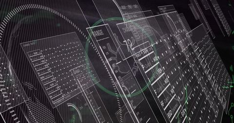 Futuristic HUD displaying layered wireframe panels, radar rings and green readouts