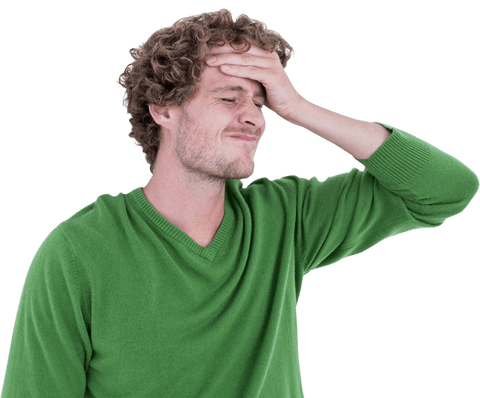Worried man with hand on forehead in casual green sweater - transparent