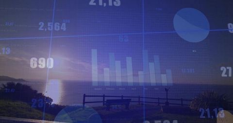 Futuristic Data Visualization Overlay on Scenic Coastal Dusk