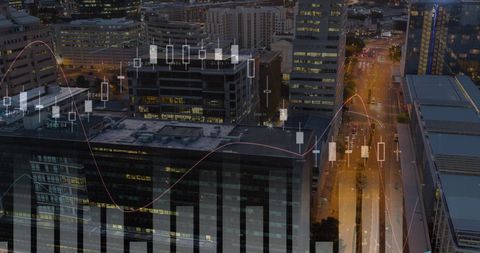 Digital graph overlay on evening cityscape symbolizing data analysis