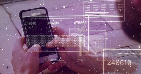 Hands entering code on smartphone with digital interface overlay