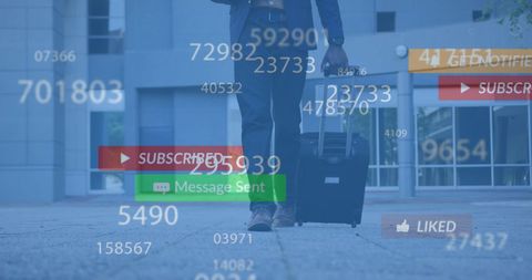 Traveler Surrounded by Social Media Notifications and Analytics