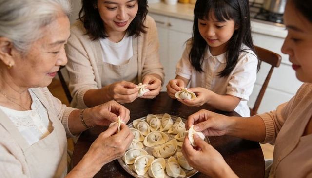 Multigenerational family folding dumplings at kitchen table, sharing home cooking tradition