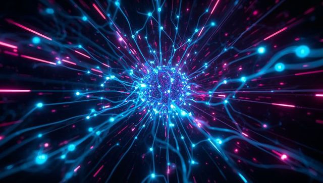 Neon data core radiating electric tendrils and particle streams in futuristic digital void