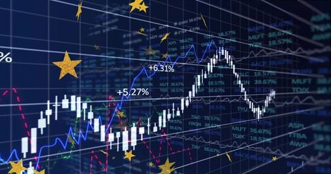 Digital Financial Data Visualization with Candlestick Chart and Star Icons
