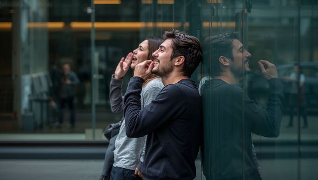 Laughing young couple leaning on glass wall with city reflection, candid urban moment