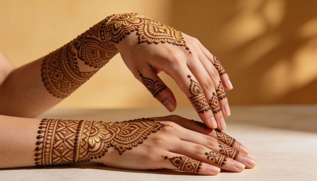 Hands displaying intricate henna mehndi designs with floral paisley mandala motifs on beige
