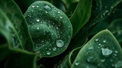 Close Up of Green Leaves with Sparkling Water Droplets in Garden