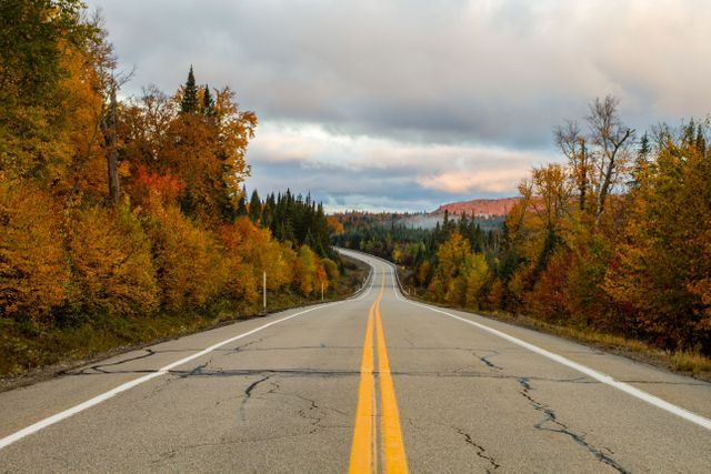 Ideal for travel and tourism content, this scene of an empty highway surrounded by vivid autumn trees and under a moody sky captures rural tranquility. Perfect for articles or advertisements focused on road trips, scenic drives, or fall destinations. Also suitable for backgrounds or wallpapers depicting nature and seasonal change.