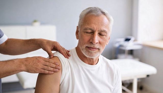 Clinician examining senior male shoulder during gentle routine checkup in bright clinic