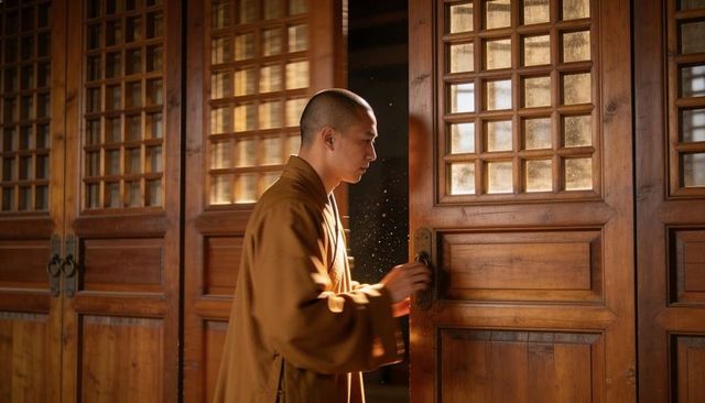 Buddhist monk opening carved wooden temple door in golden hour light with dust motes