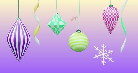 This digital artwork features a collection of vibrant Christmas ornaments suspended gracefully against a gradient background. The design includes geometric shapes such as spheres and cones, alongside intricate snowflake motifs, evoking a playful yet sophisticated holiday ambiance. Perfect for holiday greeting cards, party invitations, festive banners, or seasonal blog posts, this illustration brings a modern twist to traditional Christmas decor.