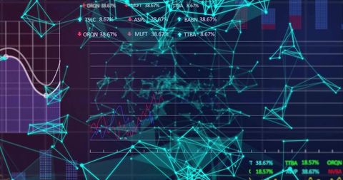 Futuristic Data Visualization with Teal Nodes and Stock Charts
