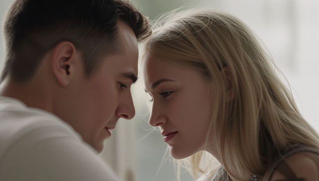Intimate couple touching foreheads in soft natural light, romantic serene closeup portrait