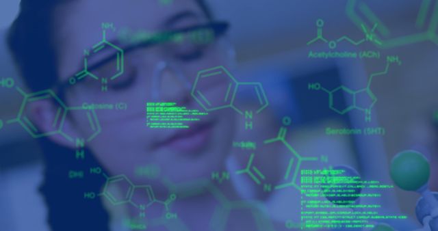Image shows a scientist, seen behind a digital overlay of molecule structures and chemical formulas, indicating a high-tech and futuristic laboratory environment. Ideal for use in articles or advertisements related to scientific research, technology innovations, cutting-edge laboratory work, or advancements in chemistry and biotechnology.