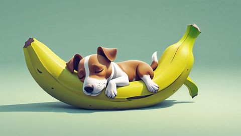 Adorable Puppy Sleeping on Oversized Banana in 3D Illustration