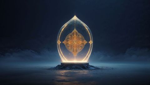 Mystical Artifact with Golden Glow in Misty Lake Landscape