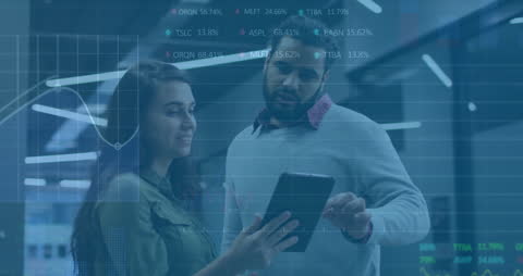 Animated Financial Data with Diverse Professionals Collaborating in Modern Office