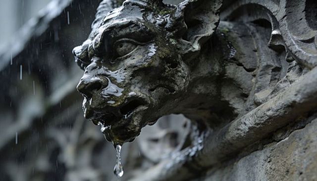 Close-up dripping stone gargoyle spout on gothic facade with rain and weathered patina