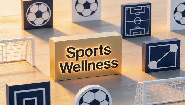 Glowing sports wellness block on light wood tabletop with soccer icons and white goals
