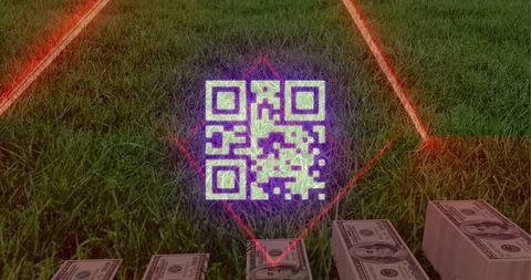 Neon qr code digital banking concept with dollar bills on grass