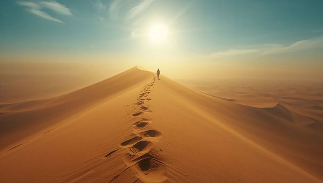 Lone adventurer hiking on sunlit desert dune crest