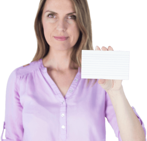 Woman in light purple shirt holding transparent blank sign