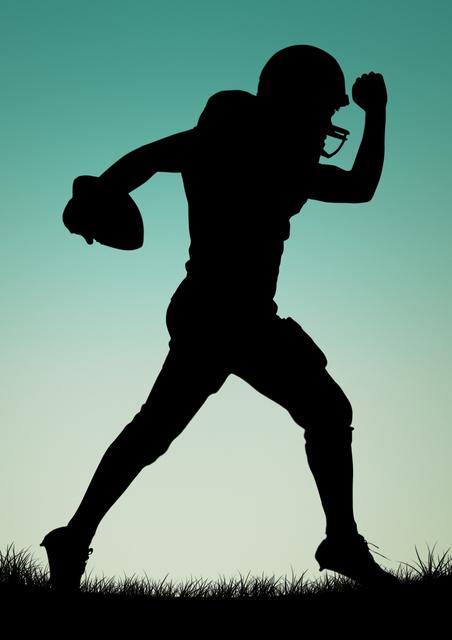 Silhouette of rugby player running with the ball on a field during sunset. Useful for sports blogs, motivational posters, athletic event promotions, and articles discussing rugby training and player techniques.