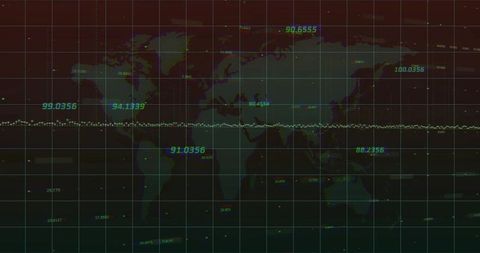 Equirectangular map displaying equatorial telemetry trace, neon grid and glowing labels