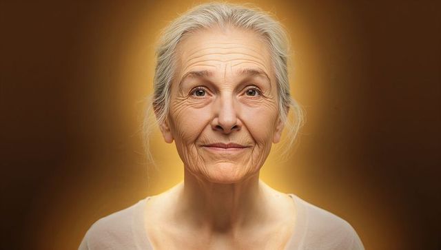 Smiling senior woman facing camera with halo backlight, calm mature portrait headshot