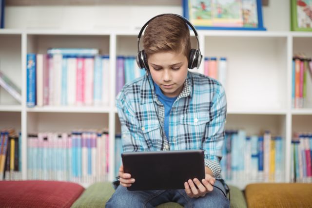 Schoolboy wearing headphones, using tablet in library. Ideal for educational technology, digital learning, and modern education themes. Suitable for articles on student engagement, multimedia learning, and library resources.