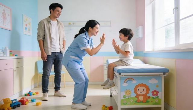 Pediatric nurse interacting with young boy on exam table in pastel clinic room