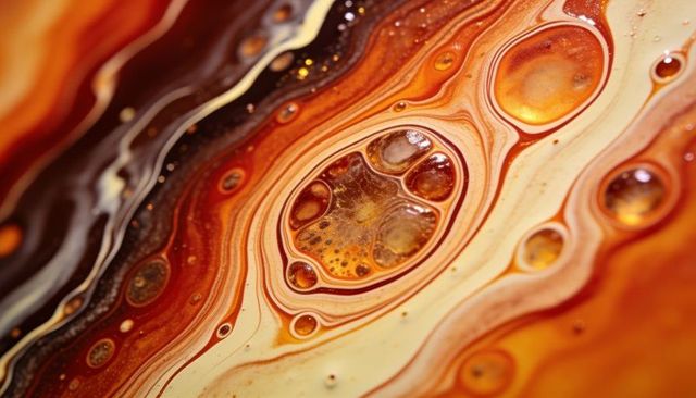 Flowing molten amber marbling creating metallic cells, concentric rings and glossy droplets
