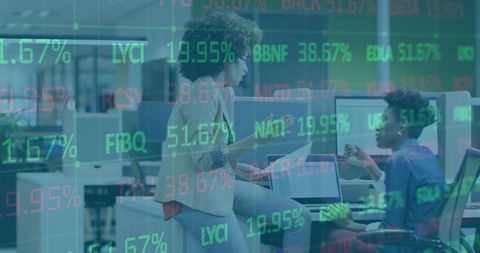 Colleagues Discussing Data with Stock Ticker Overlay in Modern Office