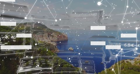 Digital Networks Overlay Beauteous Coastal Landscape