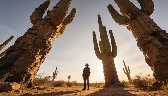 Solo traveler standing among towering saguaro cacti at golden desert sunset