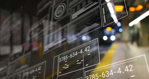 Futuristic HUD Overlay Visualizing Subway Train Arrival with Dynamic Data and Bokeh Lights