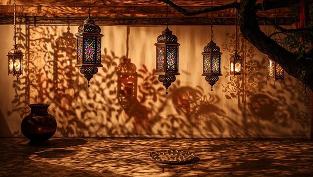Hanging stained-glass lanterns casting ornate arabesque shadows on courtyard floor, wall