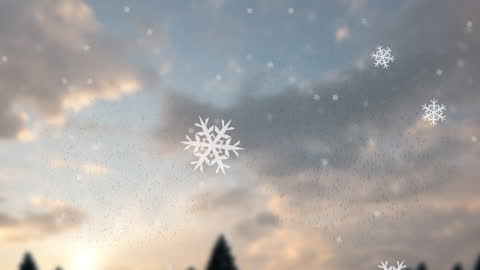 Snowflakes Gently Falling Over Tranquil Winter Forest Scene