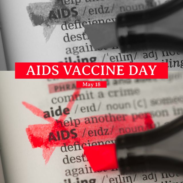 Composition of aids vaccine day text over aids definition in dictionary. Aids vaccine day, vaccination and healthcare services concept digitally generated image.
