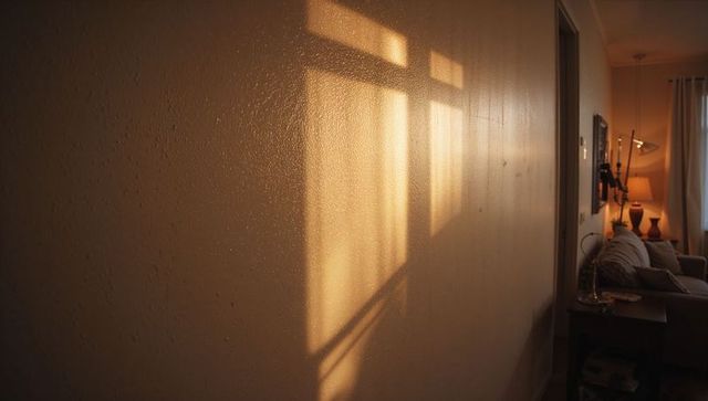 Warm Sunset Light Casting Window Shadows on Textured Hallway Wall with Cozy Living Room