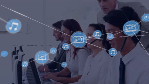 Diverse Office Team with Digital Connective Network Overlay