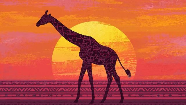 Abstract giraffe silhouette at sunset with african patterns