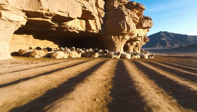 Sheep resting beneath sandstone overhang in arid desert canyon during golden hour