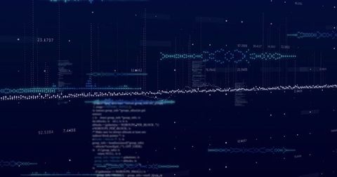 Dotted waveform timeseries visualization on dark navy data dashboard with neon teal accents