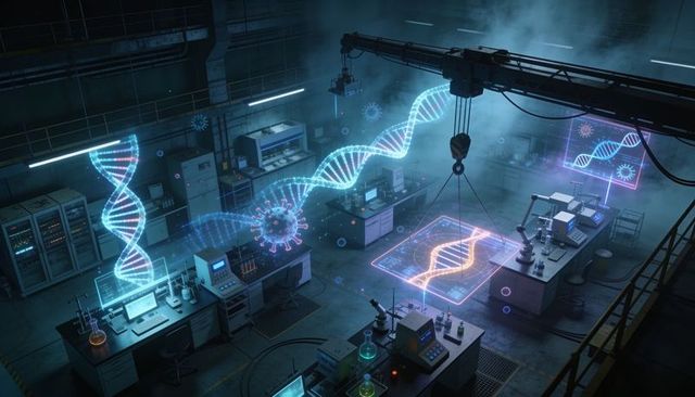 Holographic dna helix sweeping through future biotech lab with viral projection and robotics