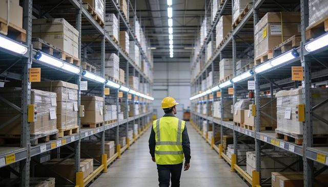 Walking warehouse worker inspecting pallet racks in industrial distribution center