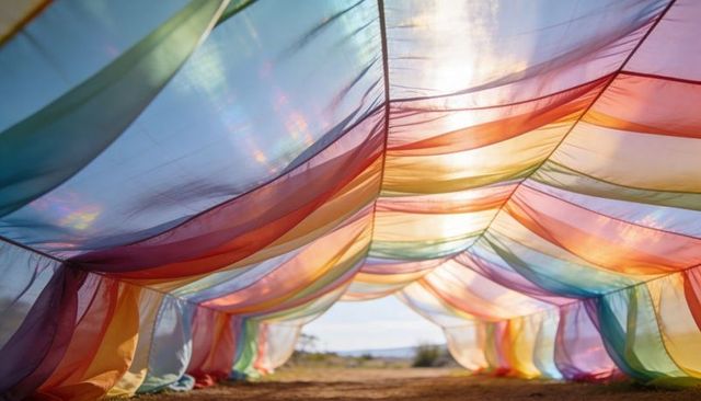 Translucent rainbow fabric canopy casting warm sunlit arches across meadow
