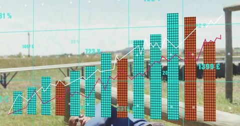 Transparent financial chart overlaying outdoor boardwalk with reclining man in blue shirt