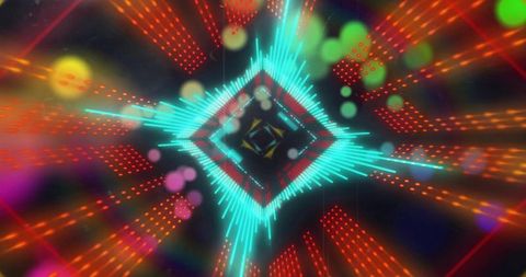 Pulsing neon diamond equalizer tunnel emitting cyan spikes and red dotted columns